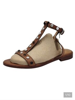 Coach Sadie Matte Calf Sandals Size 7 Brown Leather Studded T Strap Ankle Charms